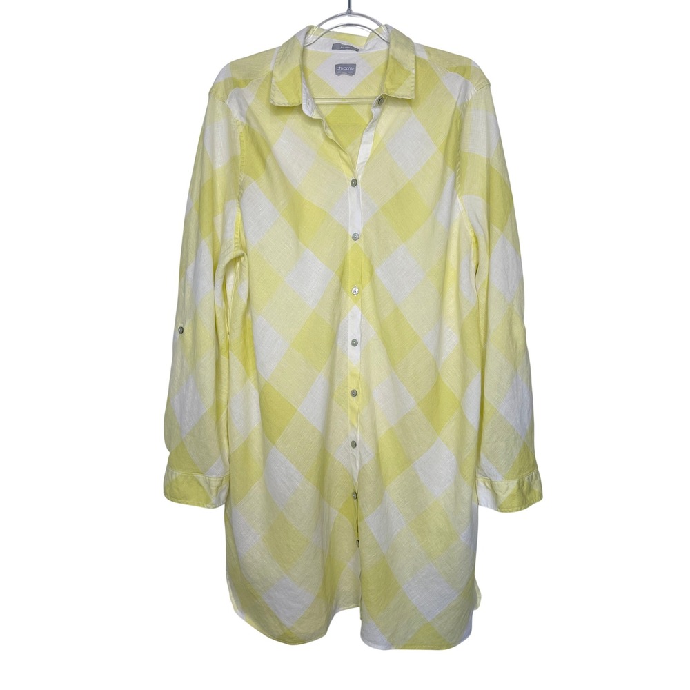 Chicos No Iron Linen Tunic Shirt Size XL 3 Yellow Gingham Long Sleeve Button Up